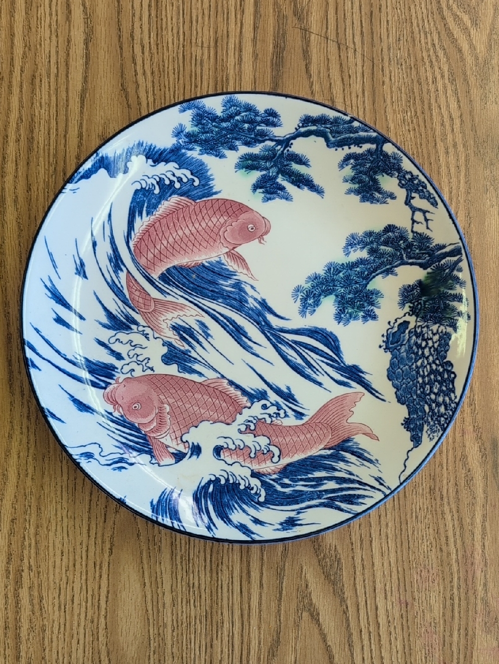 Blue and Pink Koi Wave Decorative Plate